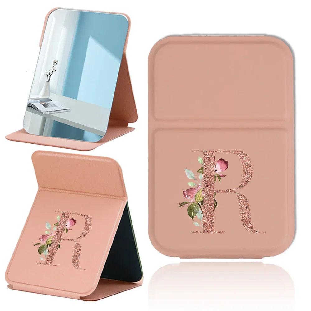 Espejo de maquillaje plegable portátil - Cuero sintético antideslizante en oro rosa con estampado de letras