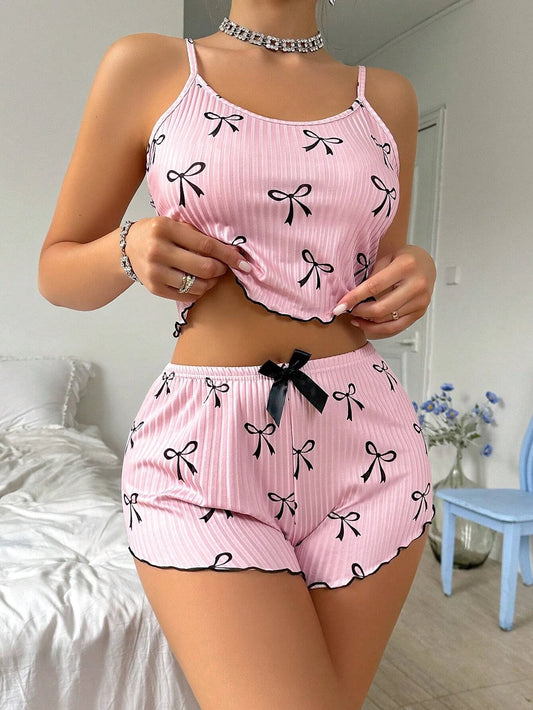 Ensemble Pyjama Femme 2 Pièces – Crop Top Dos Nu & Short Rose Motif Nœud 🎀