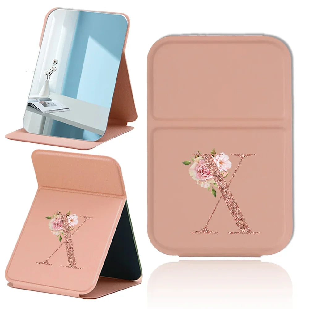 Espejo de maquillaje plegable portátil - Cuero sintético antideslizante en oro rosa con estampado de letras