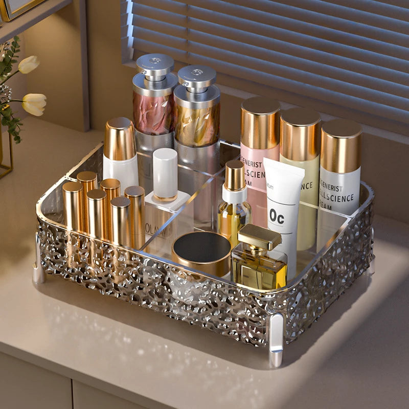 Organizador de maquillaje transparente estilo glaciar: con patas y compartimentos